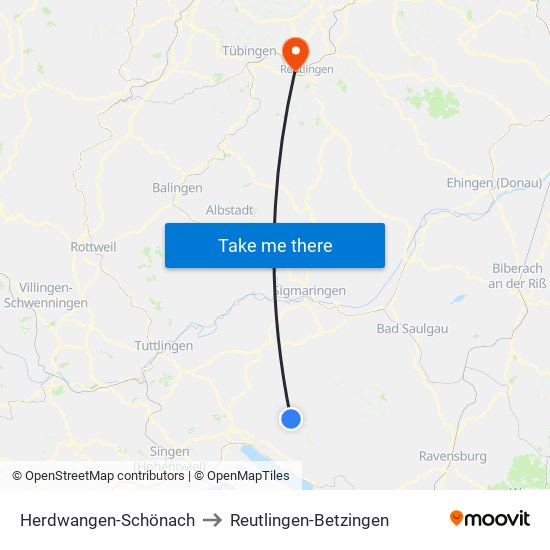 Herdwangen-Schönach to Reutlingen-Betzingen map