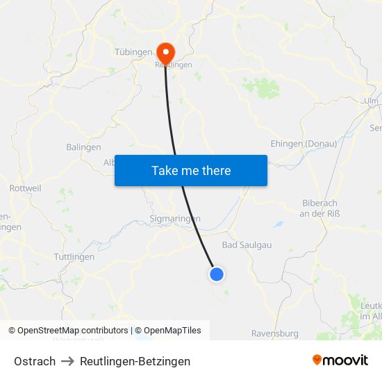 Ostrach to Reutlingen-Betzingen map