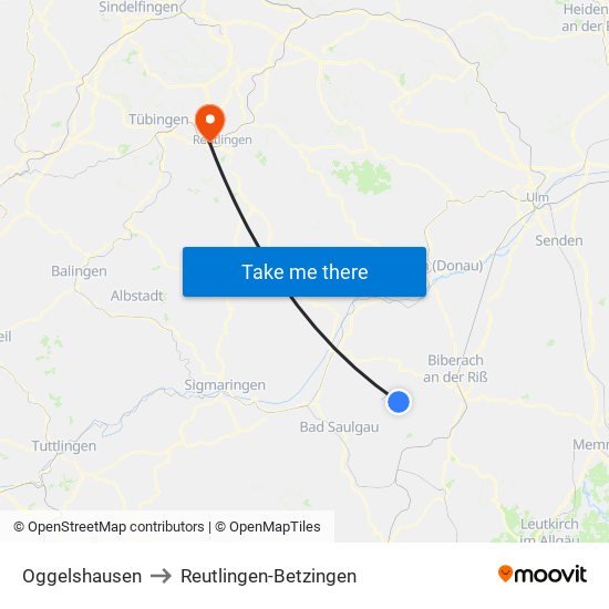 Oggelshausen to Reutlingen-Betzingen map