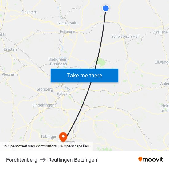 Forchtenberg to Reutlingen-Betzingen map