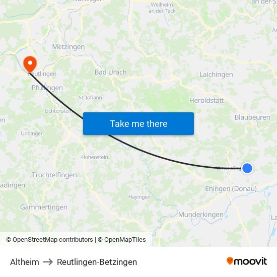 Altheim to Reutlingen-Betzingen map