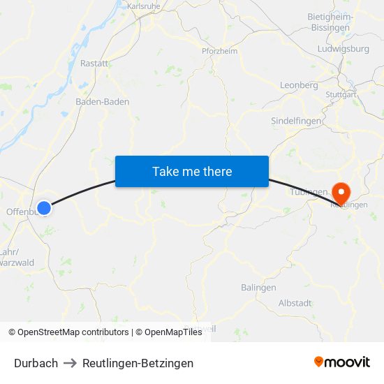 Durbach to Reutlingen-Betzingen map