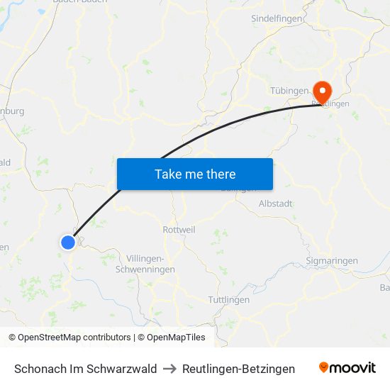 Schonach Im Schwarzwald to Reutlingen-Betzingen map