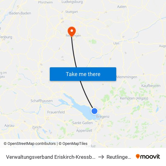 Verwaltungsverband Eriskirch-Kressbronn am Bodensee-Langenargen to Reutlingen-Betzingen map