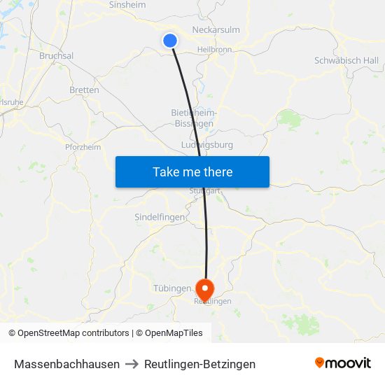 Massenbachhausen to Reutlingen-Betzingen map