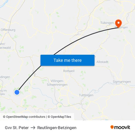 Gvv St. Peter to Reutlingen-Betzingen map