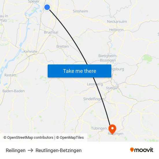 Reilingen to Reutlingen-Betzingen map