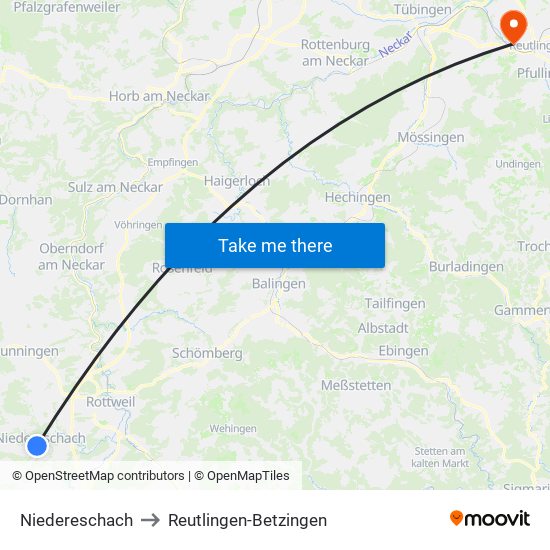 Niedereschach to Reutlingen-Betzingen map