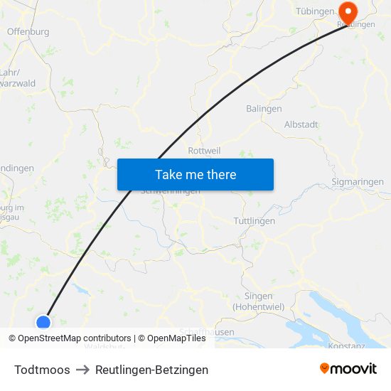 Todtmoos to Reutlingen-Betzingen map