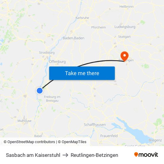 Sasbach am Kaiserstuhl to Reutlingen-Betzingen map