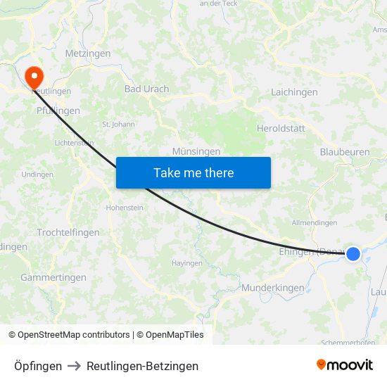 Öpfingen to Reutlingen-Betzingen map