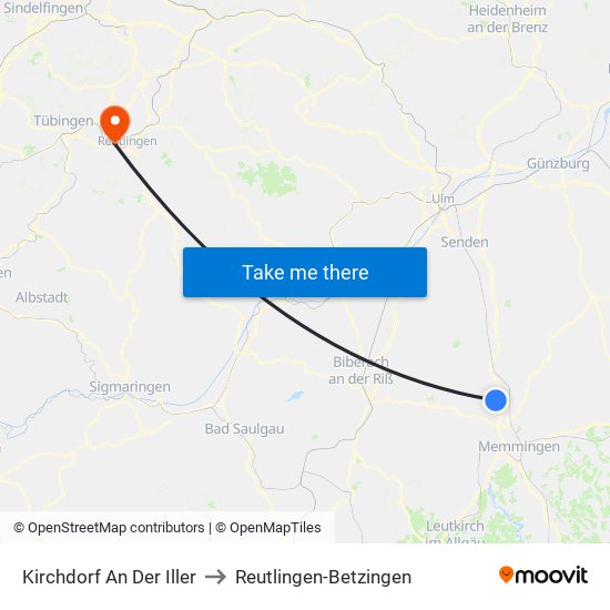 Kirchdorf An Der Iller to Reutlingen-Betzingen map