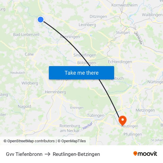 Gvv Tiefenbronn to Reutlingen-Betzingen map