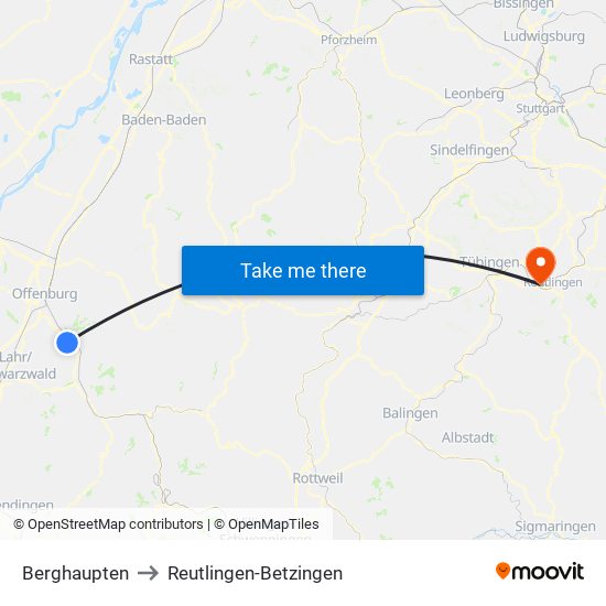 Berghaupten to Reutlingen-Betzingen map