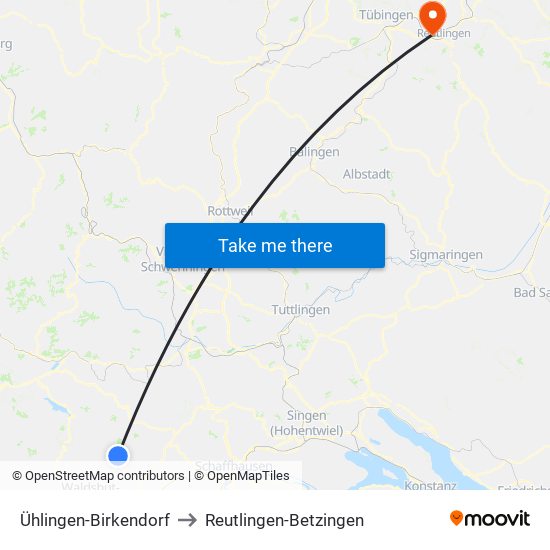 Ühlingen-Birkendorf to Reutlingen-Betzingen map