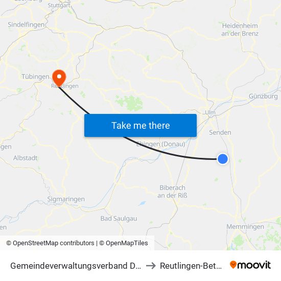 Gemeindeverwaltungsverband Dietenheim to Reutlingen-Betzingen map