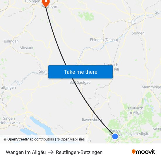 Wangen Im Allgäu to Reutlingen-Betzingen map