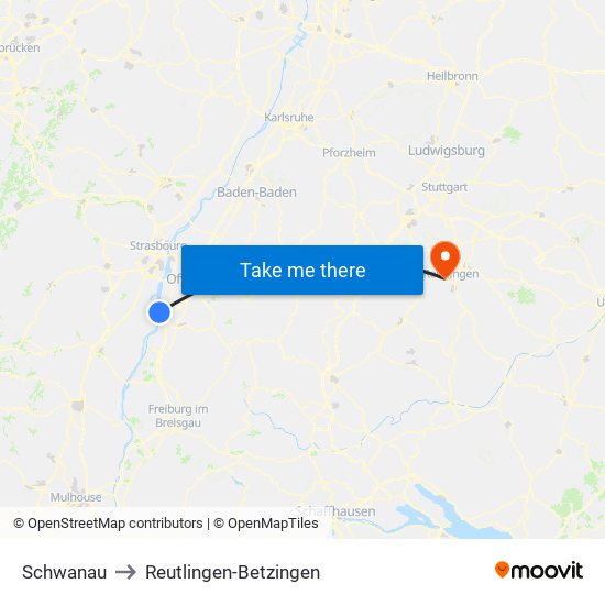 Schwanau to Reutlingen-Betzingen map