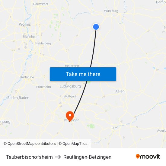 Tauberbischofsheim to Reutlingen-Betzingen map