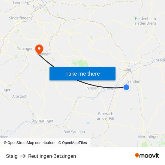 Staig to Reutlingen-Betzingen map