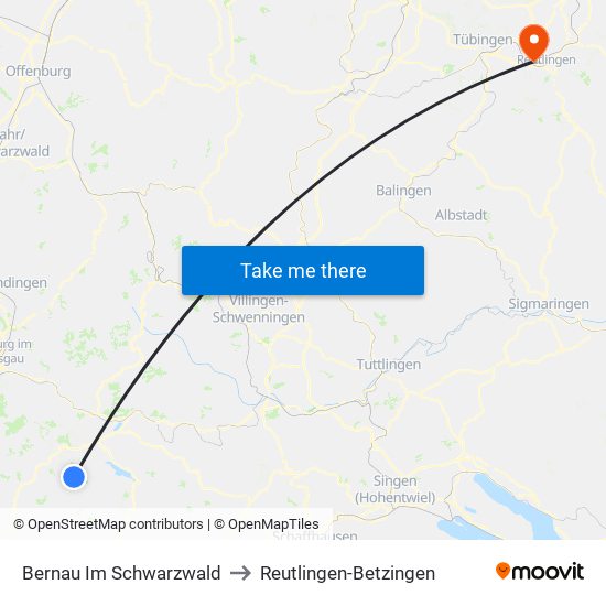 Bernau Im Schwarzwald to Reutlingen-Betzingen map