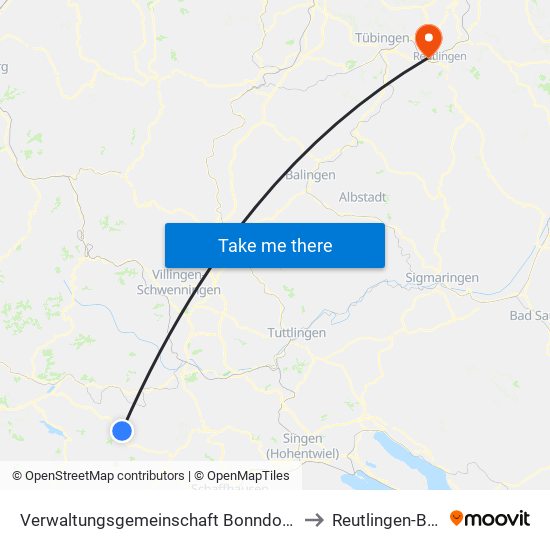 Verwaltungsgemeinschaft Bonndorf Im Schwarzwald to Reutlingen-Betzingen map