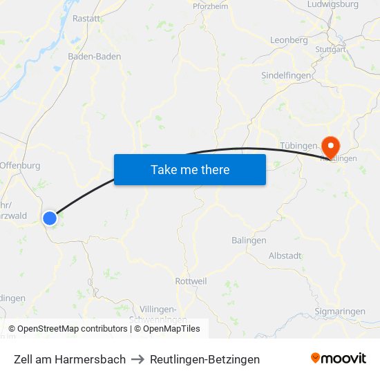 Zell am Harmersbach to Reutlingen-Betzingen map