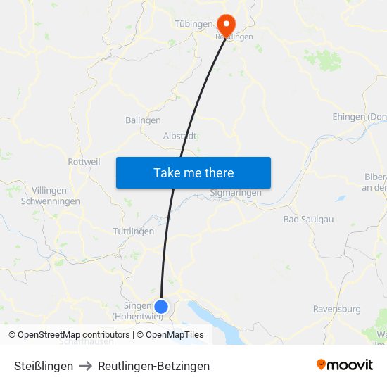 Steißlingen to Reutlingen-Betzingen map