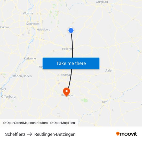 Schefflenz to Reutlingen-Betzingen map