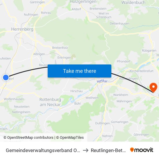 Gemeindeverwaltungsverband Oberes Gäu to Reutlingen-Betzingen map