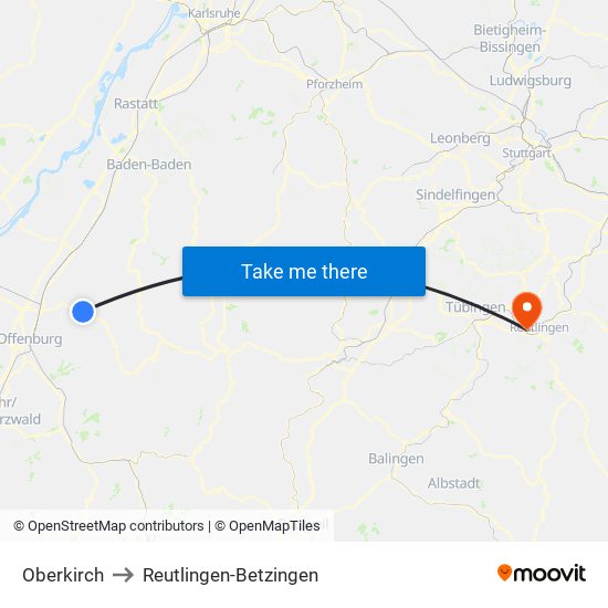 Oberkirch to Reutlingen-Betzingen map