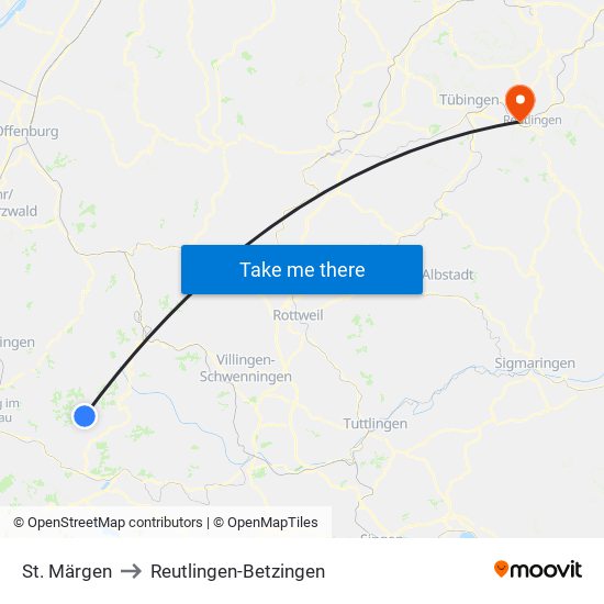 St. Märgen to Reutlingen-Betzingen map