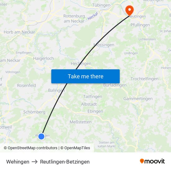 Wehingen to Reutlingen-Betzingen map