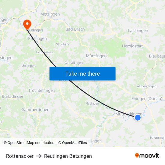 Rottenacker to Reutlingen-Betzingen map