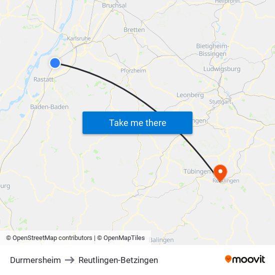 Durmersheim to Reutlingen-Betzingen map