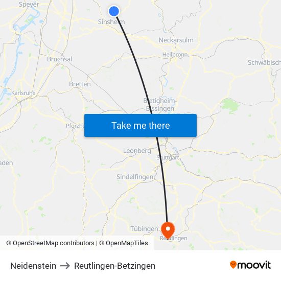 Neidenstein to Reutlingen-Betzingen map