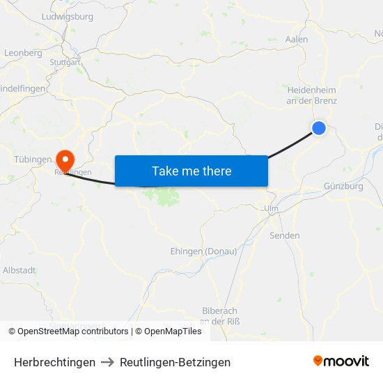 Herbrechtingen to Reutlingen-Betzingen map