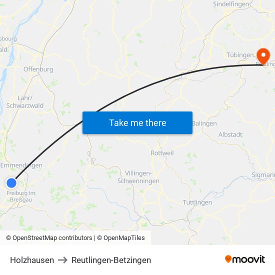 Holzhausen to Reutlingen-Betzingen map