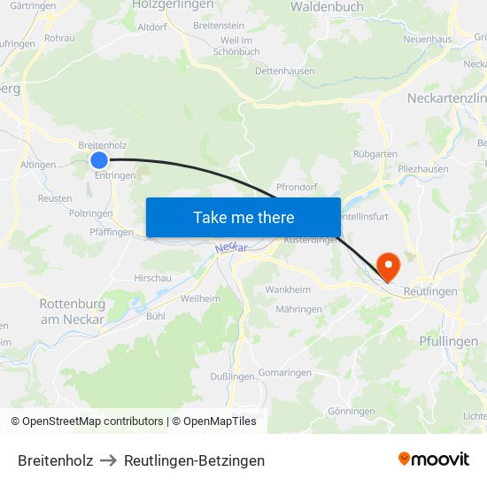 Breitenholz to Reutlingen-Betzingen map