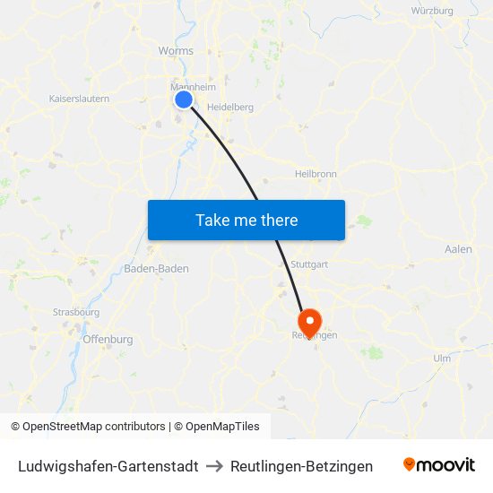 Ludwigshafen-Gartenstadt to Reutlingen-Betzingen map