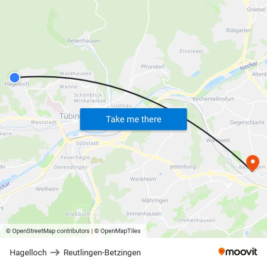 Hagelloch to Reutlingen-Betzingen map