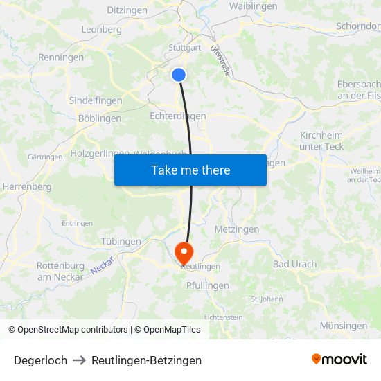 Degerloch to Reutlingen-Betzingen map