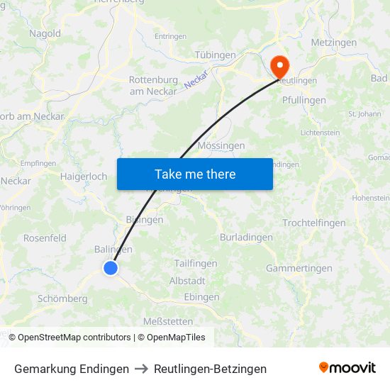 Gemarkung Endingen to Reutlingen-Betzingen map