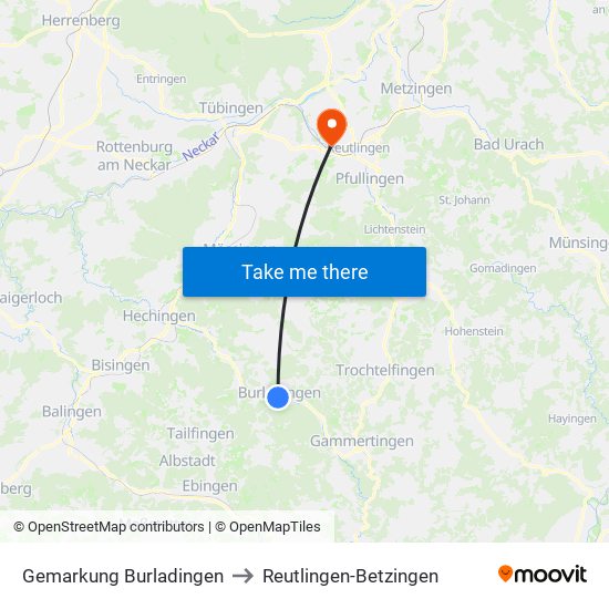 Gemarkung Burladingen to Reutlingen-Betzingen map