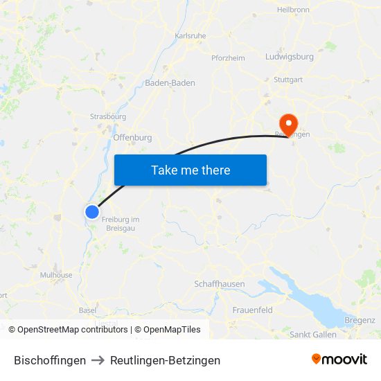 Bischoffingen to Reutlingen-Betzingen map