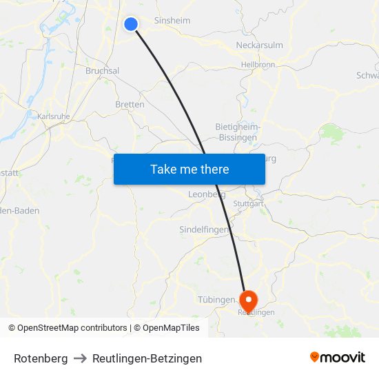 Rotenberg to Reutlingen-Betzingen map