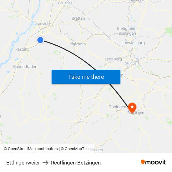 Ettlingenweier to Reutlingen-Betzingen map