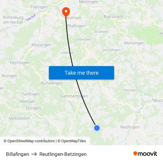 Billafingen to Reutlingen-Betzingen map