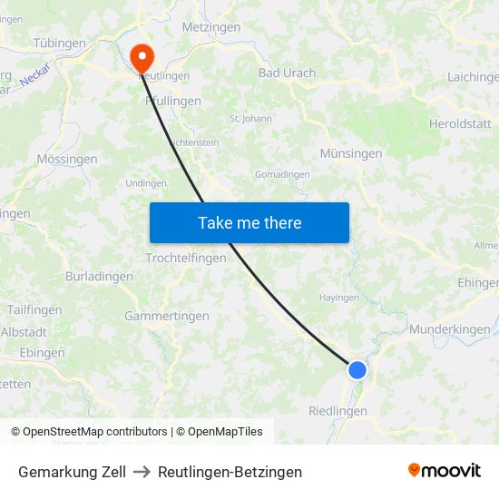 Gemarkung Zell to Reutlingen-Betzingen map