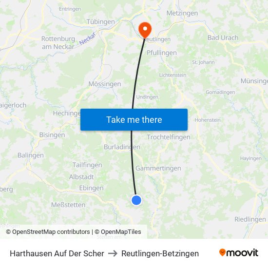 Harthausen Auf Der Scher to Reutlingen-Betzingen map